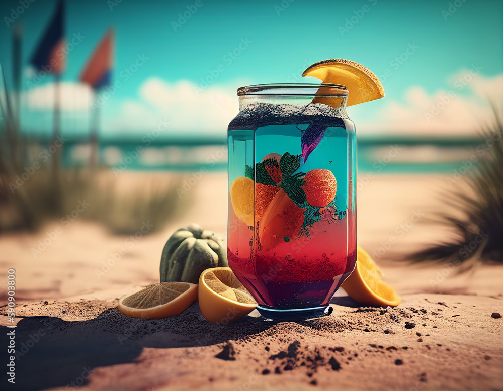 Wall mural Summer beach drink realistic illustration AI generated