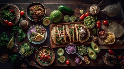 Fresh and Spicy Tacos: Mexican food made with fresh ingredients and spices. Whether at a party, as a buffet, in a restaurant or as finger food. - Generative AI