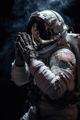 An astronaut in outer space to pray to the Lord. Cosmonaut with his hands folded in front of his face in prayer