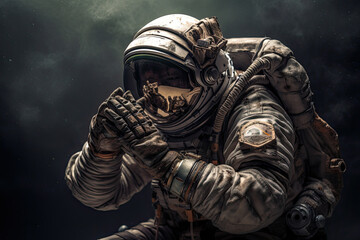 An astronaut in outer space to pray to the Lord. Cosmonaut with his hands folded in front of his face in prayer