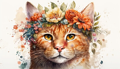 Illustration of the head of a orange cat with a flower crown in watercolor style