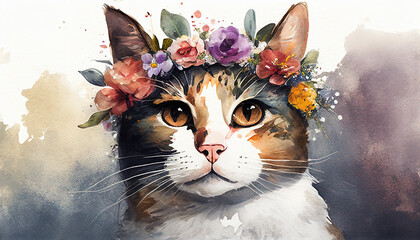 Illustration of the head of a calico cat with a flower crown in watercolor style