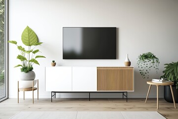 modern living room with a mounted flat screen TV and a potted plant. Generative AI