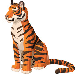 Amur tiger sitting isolated on white background. Bengal tiger side view vector cartoon illustration. Endangered animal.