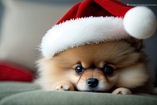 cute dog wearing a festive Santa hat while lounging on a cozy couch. Generative AI