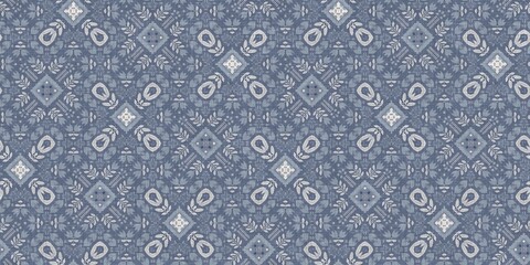 Farm house blue damask seamless border. Tonal french intricate cottage style trim. Simple rustic fabric textile for shabby chic patchwork. 