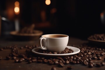 Fototapeta premium cup of hot coffee and coffee beans dynamic background