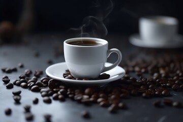 Fototapeta na wymiar cup of hot coffee and coffee beans dynamic background