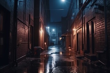 Back street alley with old city houses in rain at night. Ai. Empty dark alleyway  - obrazy, fototapety, plakaty