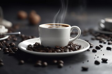 Obraz premium cup of hot coffee and coffee beans dynamic background