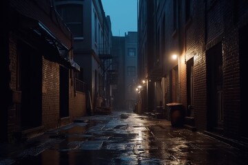 Back street alley with old city houses in rain at night. Ai. Empty dark alleyway 