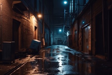Back street alley with old city houses in rain at night. Ai. Empty dark alleyway  - obrazy, fototapety, plakaty