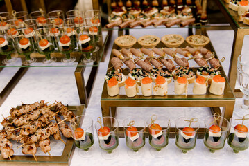 buffet with bruschetta and a beautiful serving of food to treat guests of the event and wedding