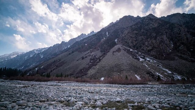 time lapse, hyperlapse in the mountains of the national park of Kyrgyzstan Ala Archa, camera movement, beautiful mountain landscape