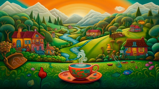 naive art morning coffee, colorful colors © Юрий Маслов