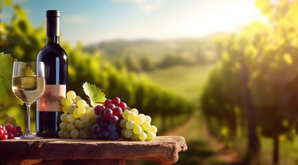Fototapeta premium Bottle of excellent wine, a glass of wine and grapes on background of a picturesque vineyard. Copy space. Based on Generative AI