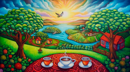 naive art morning coffee, colorful colors