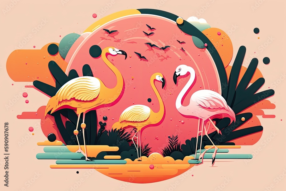 Poster flock of flamingos standing in shallow water. generative ai
