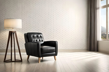 Living room with a beautiful and stylish black leather armchair in front of a white empty wall | Interior design of a modern living room | Generative Ai
