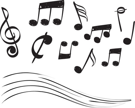 Doodle music notes. Simple song drawing musical symbols, singing melody vector decoration elements