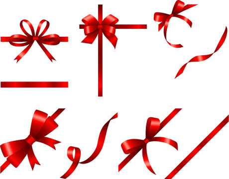 Realistic gift ribbons. Gifting box package ribbon and bow set isolated on transparent, holiday christmas satin tape knots