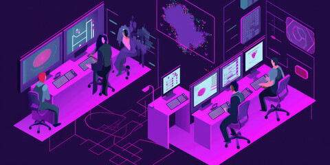 Isometric Vector Illustration of People in Activities on Purple Background - Generative AI