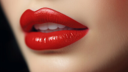 Fototapeta premium Beautiful red female lips, close-up. Generative AI