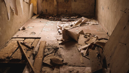 The floor, the interior, of an abandoned ruined old building