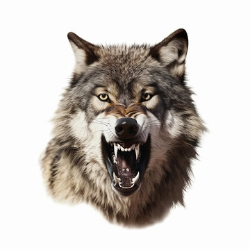 wild wolf growls, gets angry, bares big teeth, wolf head close-up isolated on white background, for tattoo and design, ai generative