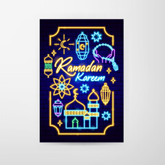 Ramadan Neon Flyer. Vector Illustration of Religion Arabian Glowing Concept.