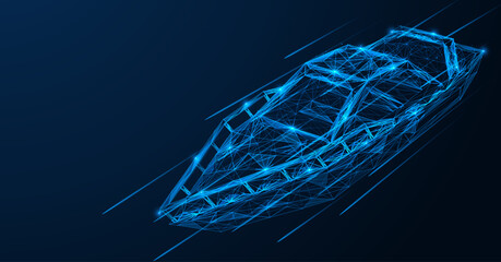 Racing boat. Low-poly design of interconnected lines and dots. Blue background.