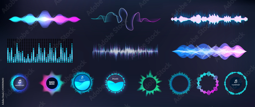 Poster Sound waves equalizer and voice signal circle elements. Digital visualization sound, voice, audio signals for HUD, UI. Microphone voice and sound recognition. Frequency audio, circle bar. Vector set