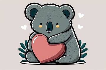 Fototapeta premium cute koala holding a heart on a pink background. Generative AI