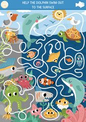 Naklejka na ściany i meble Under the sea maze for kids with marine landscape, fish, pelican, reef, octopus. Ocean preschool printable activity. Water labyrinth game or puzzle. Help the dolphin swim out to the surface.