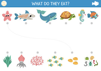 Under the sea matching activity with cute fish and food. Water puzzle with whale, turtle, seahorse, shark. Match the objects game. Feed the animals printable worksheet. Ocean match up page.