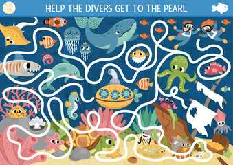 Under the sea maze for kids with marine landscape, wrecked ship, fish. Ocean preschool printable activity with dolphin, whale. Water labyrinth game or puzzle. Help the divers get to pearl