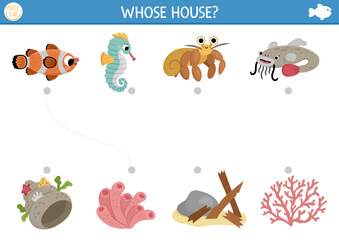 Under the sea matching activity with cute fish and houses. Water puzzle with clownfish, seahorse, hermit crab, catfish. Match the objects game. Printable worksheet. Ocean match up page.