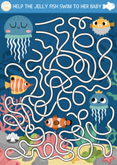 Under the sea maze for kids with marine landscape, jelly fish, clownfish, pearl. Ocean preschool printable activity. Water labyrinth game or puzzle. Help the jellyfish swim to her baby.