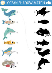 Under the sea shadow matching activity with fish. Ocean puzzle with cute whale, dolphin, shark, blowfish. Find correct silhouette printable worksheet or game. Water animals page for kids.