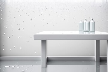 minimalistic white table with three clear glass bottles placed on top. Generative AI