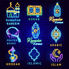 Ramadan Kareem Label Set. Vector Illustration of Religion Arabian Glowing Concept. © anna_leni