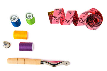 Sewing accessories isolated on white . Collage. Free space for text.