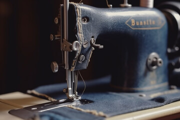 Sewing machine with denim and thread for sewing, close-up Generative AI