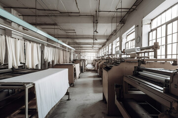 Textile factory, stock materials and sewing machines Generative AI