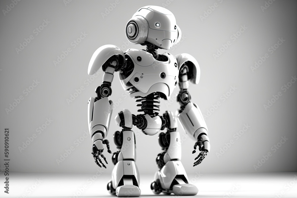 Poster futuristic robot standing in a spacious room with a view of a city skyline in the background. genera