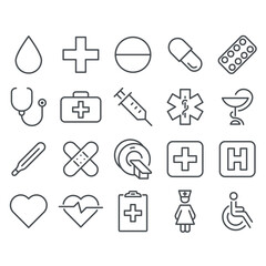 Simple vector line icons on the topic of medicines and pharmacy
contain such icons as nurse, pills, antibiotics, hospital, syringe, cripple and more.