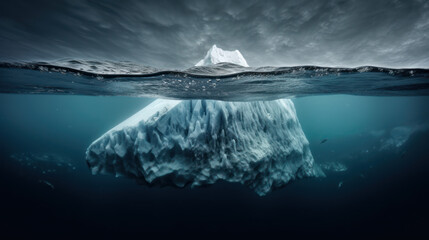 Fototapeta na wymiar Iceberg - Hidden Danger And Global Warming Concept. White iceberg on deep blue background. Environment concept. Winter concept. Ocean underwater background.. Generative AI