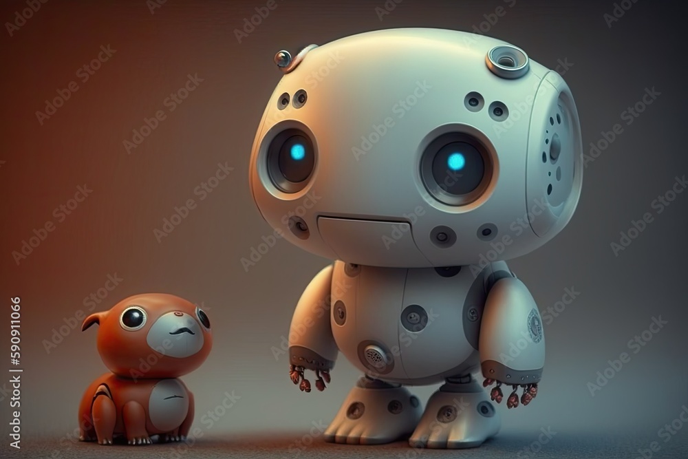 Poster two robots, one larger than the other, standing side by side. generative ai