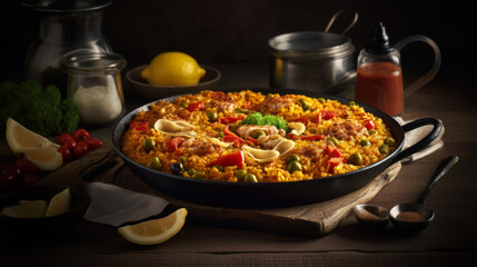 Enjoy a Fiesta of Flavors with this Delicious Spanish Paella, food photography. Generative AI