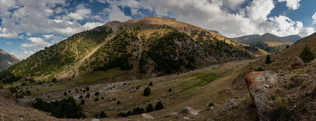 A beautiful camping meadow below the Aktash mountain pass on a trek in the Turkestan Mountains of Kyrgyzstan.